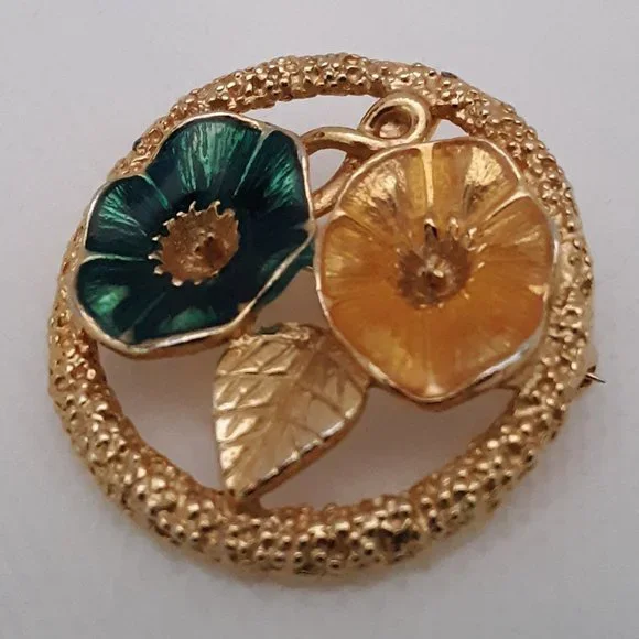 Vintage Enamel Circle Floral Pin Brooch Pendant Gold Tone - Picture 2 of 7